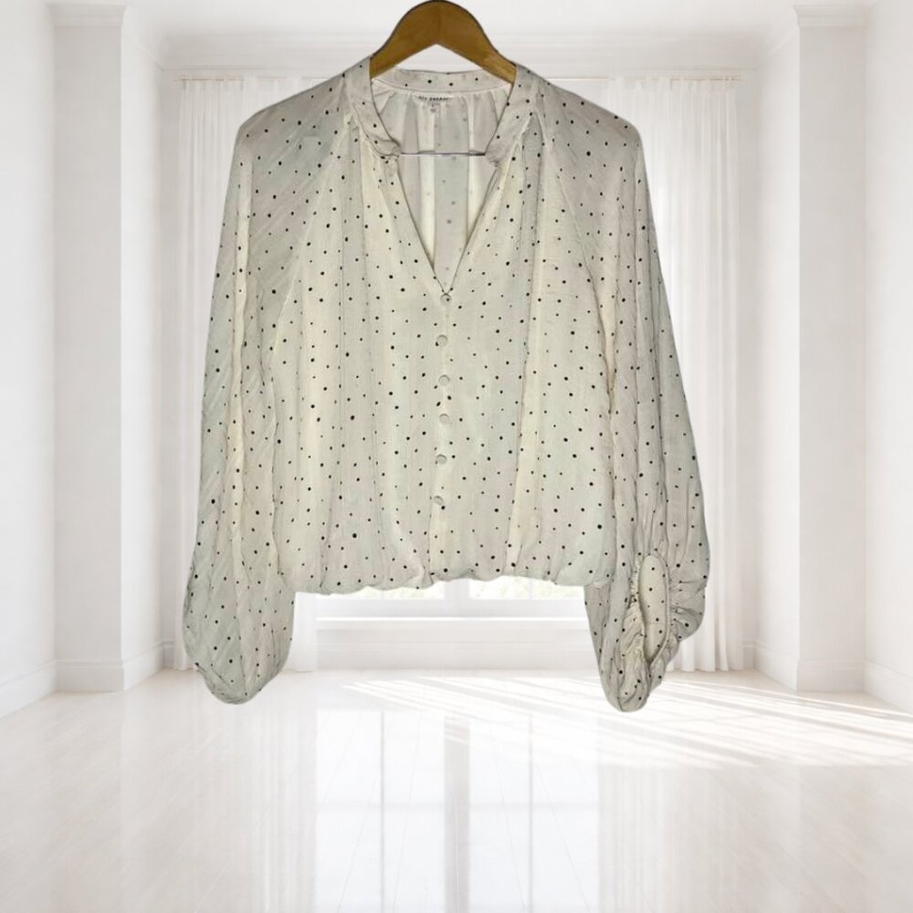 Blu Pepper Bubble Hem Blouse Balloon Sleeve Polka Dot Romantic Large - Picture 2 of 14